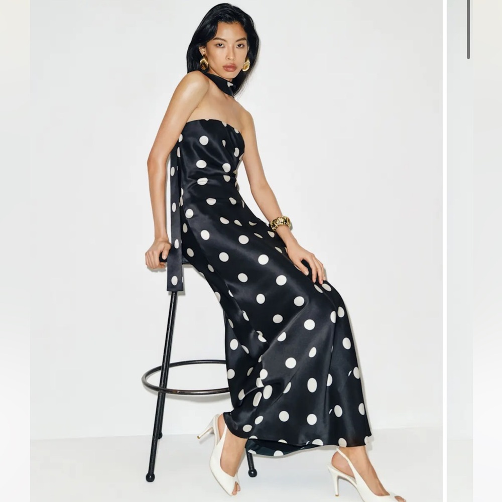 Reformation Black Strapless Polka Dot Maxi Dress with White Dots